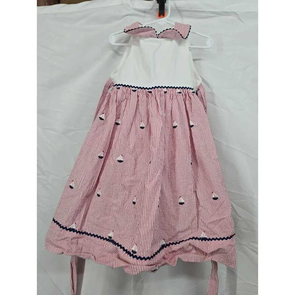 Glorimont Girls Red White Seersucker Sailboat Dress Navy Ric Rac Size 4 USA Made